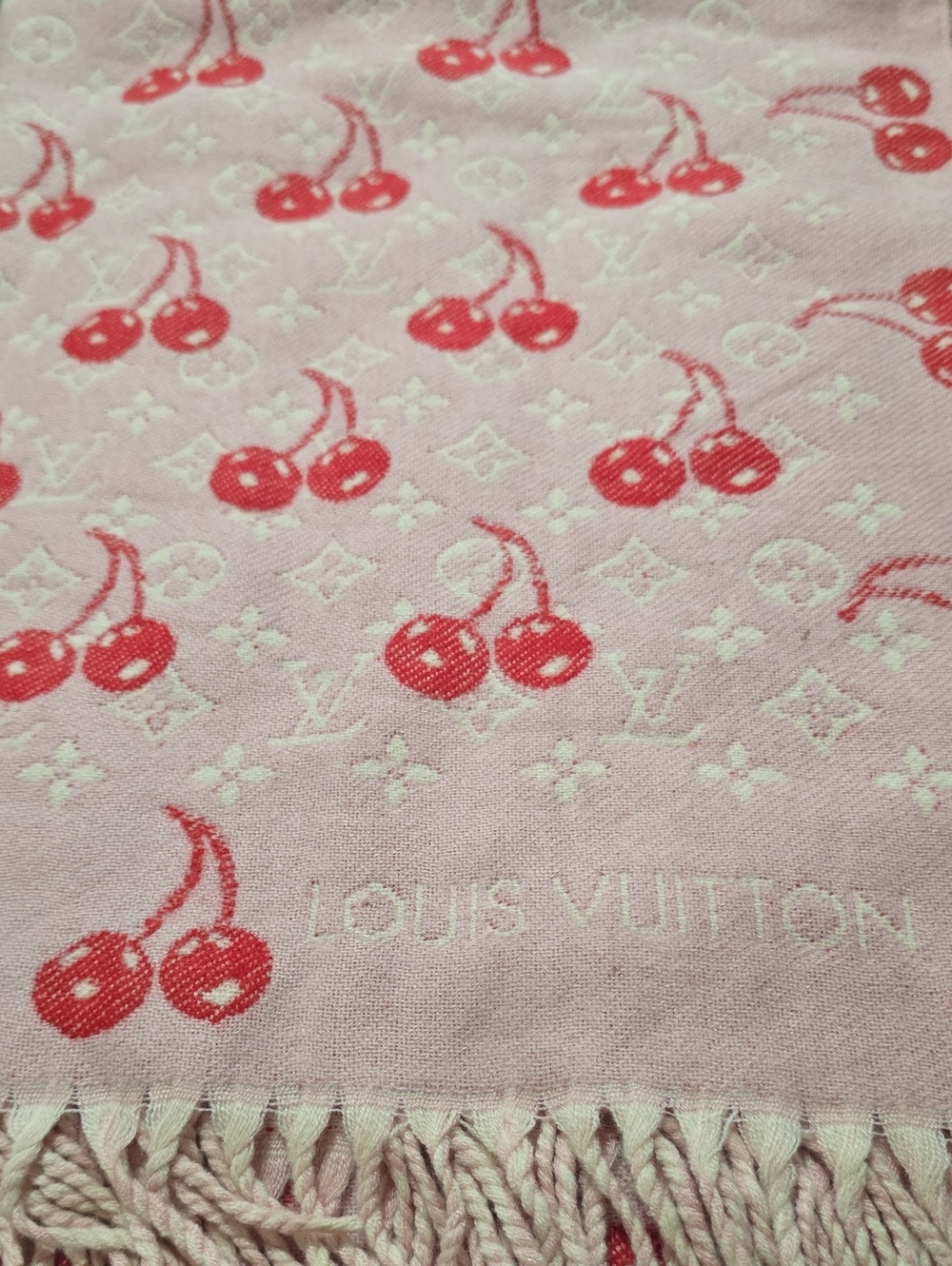 Pink Scarf with Red Cherry Motif